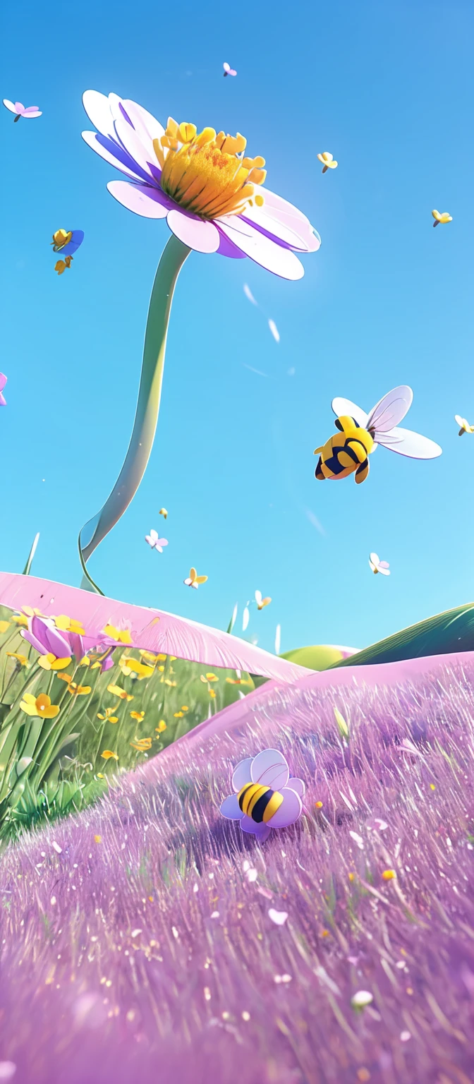 there is a bee flying over a field of flowers with a bee, a 3D render by jeonseok lee, trending on polycount, conceptual art, cute 3 d render, soft 3d render, cute! c4d, stylized as a 3d render, stylized 3d render, adorable digital painting, cute detailed digital art, 3 d bee