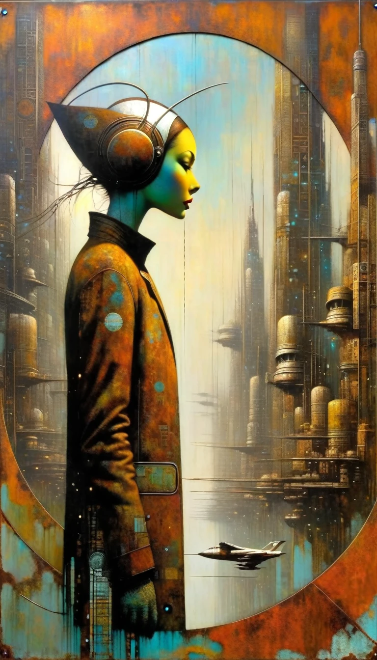 rusty metal advertising sign, behind we see a large futuristic city (Dave Mckean inspired art, intricate details, oil painting)