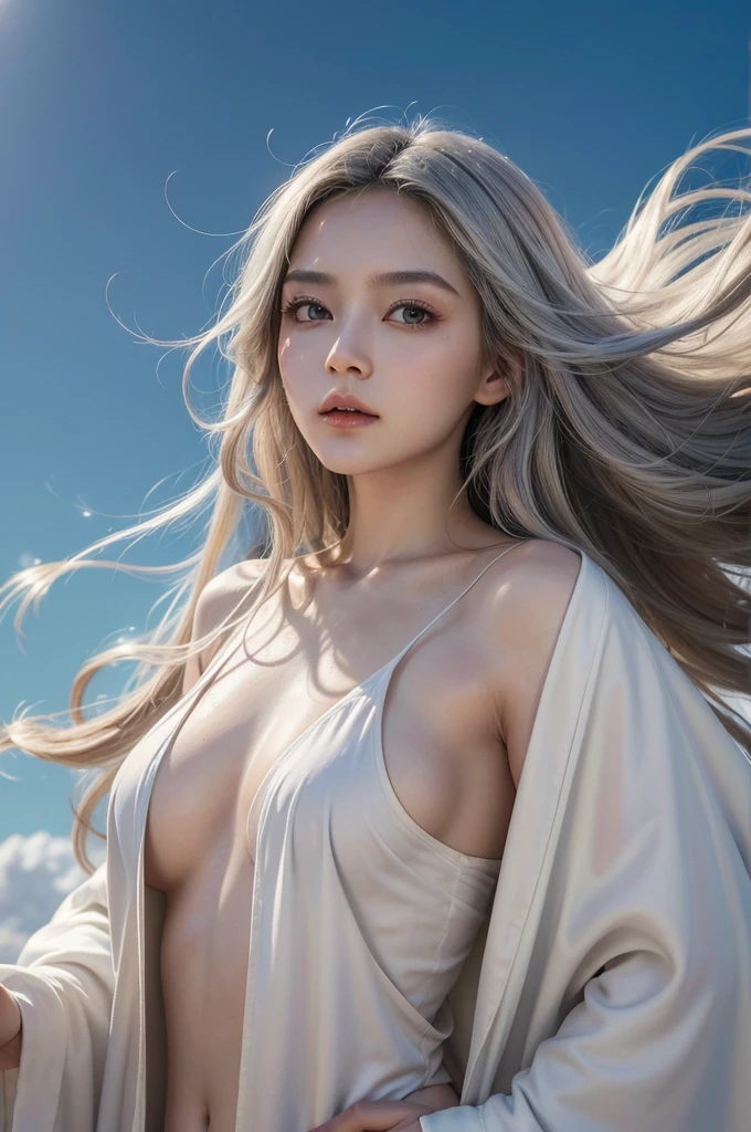 A beautiful empress, Soft, creamy skin, expression of deep wisdom in her eyes, dressed in a luxurious white robe, holding a quiet, luxurious robes billowing in the breeze. Long silver hair fluttering in the wind, the robe fits the figure perfectly. Masterpiece, cinematic style, 8k, digital art.