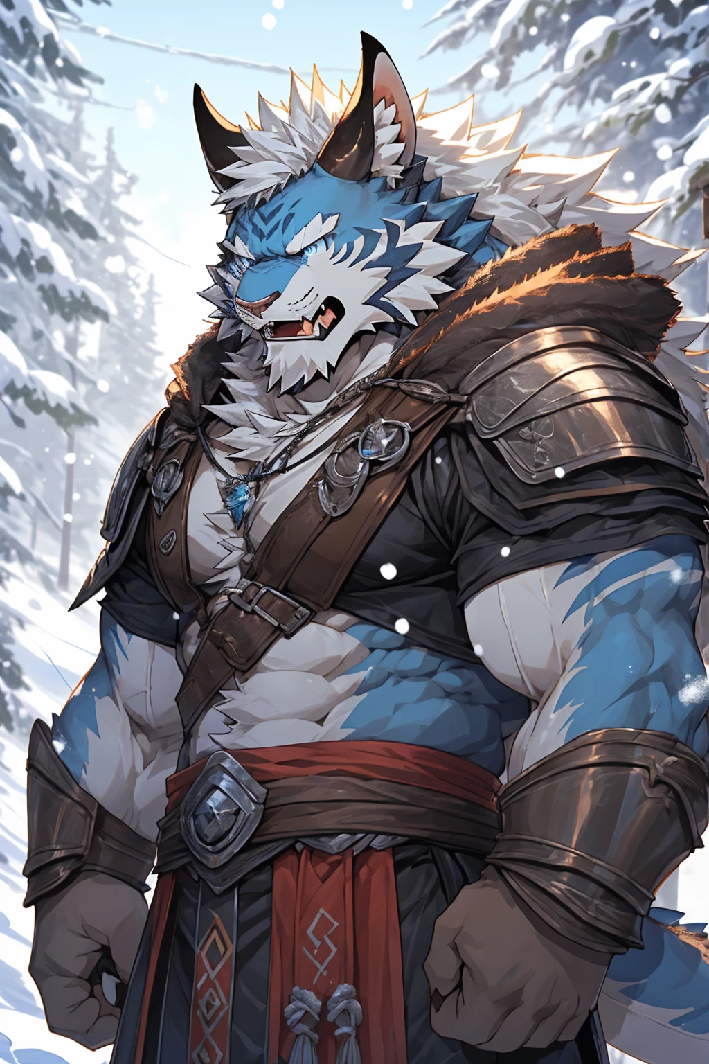 head、Animal cat face、A pair of dragon horns,Fluffy white hair all over the body、Heavy breathing、Gnashing of teeth,Serious expression,muscular、Leather Armor,Viking style,wildcat、blue eyes,(contour)全身覆盖着长long白色毛发、Hairy body、long, Thick chest hair、Severe pubic cramps,,Fangs、Ultra-clear。High quality snow,Sharp claws、Capture the composition of the whole body、