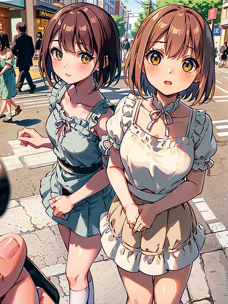 Regular pantyhose、Ultra-detailed、masterpiece、Highest quality、Ultra-high resolution、In 8K、high resolution、Detailed eyes、Gradation、Perfect anatomical figure ,hard disk、Hmph , Nikon Z9 80mm Lens 、Tabletop、Cinema Lighting, Physically Based Rendering, Award-winning, Highly detailed skin, Highly detailed face, Beautiful eyes in every detail、White Lace  、Fancy 、Detailed  Pattern、 Focus、(Pink cotton tight ), Light orange tank top、10-year-old female, (Beautiful light brown hair, High Ponytail、Looking into the camera、Daytime street、Bright sun、crotch grab,public