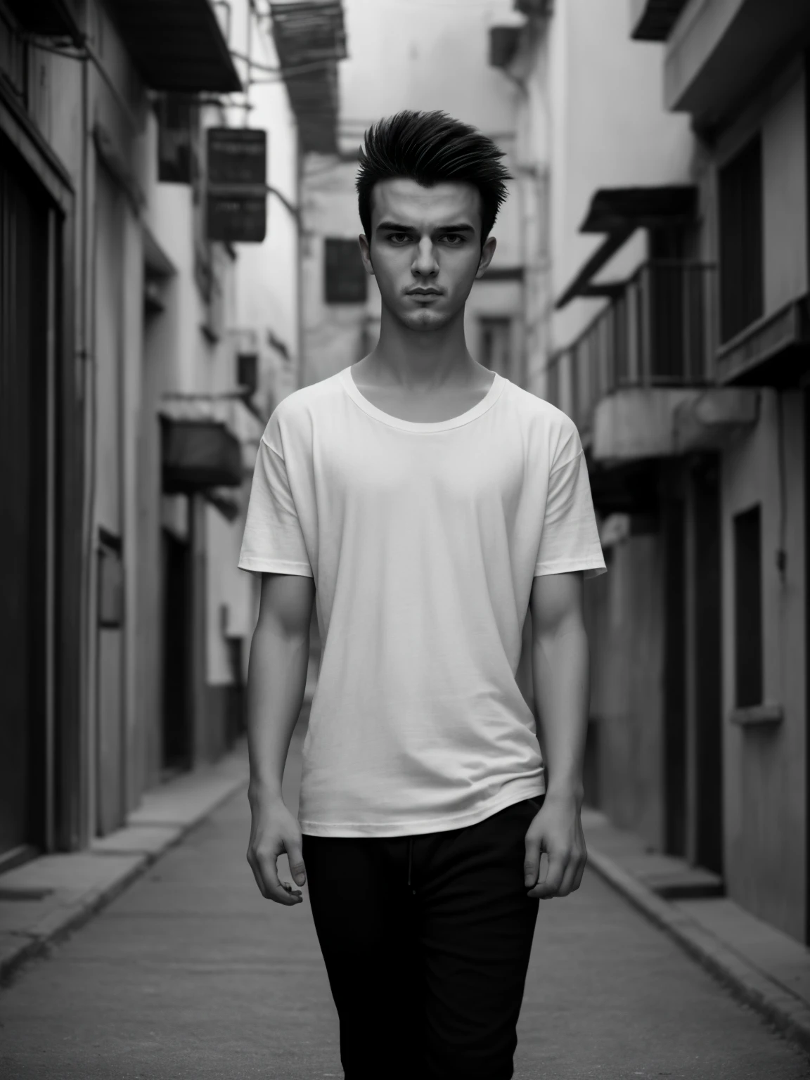 Generate an image in cinematic black and white, dragan effect, a young man wearing a white loose tee shirt posing in a open street.. photograohic illumination