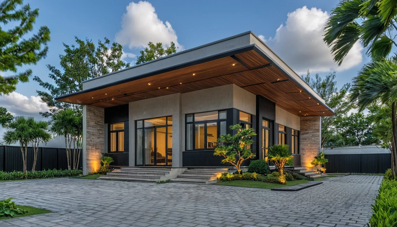 Raw photo,Masterpiece, high quality, best quality, authentic, super detail, exterior, outdoors, house style modern on the street, glass windows, gate, concrete ceiling, road,pavement, trees, sky, cloud, pergola wood, black iron, (daylight:1.1)