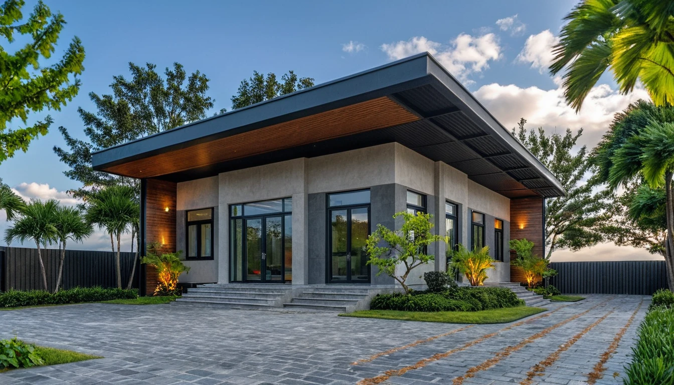 Raw photo,Masterpiece, high quality, best quality, authentic, super detail, exterior, outdoors, house style modern on the street, glass windows, gate, concrete ceiling, road,pavement, trees, sky, cloud, pergola wood, black iron, (daylight:1.1)