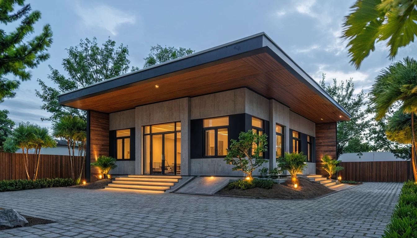 Raw photo,Masterpiece, high quality, best quality, authentic, super detail, exterior, outdoors, house style modern on the street, glass windows, gate, concrete ceiling, road,pavement, trees, sky, cloud, pergola wood, black iron, (daylight:1.1)

