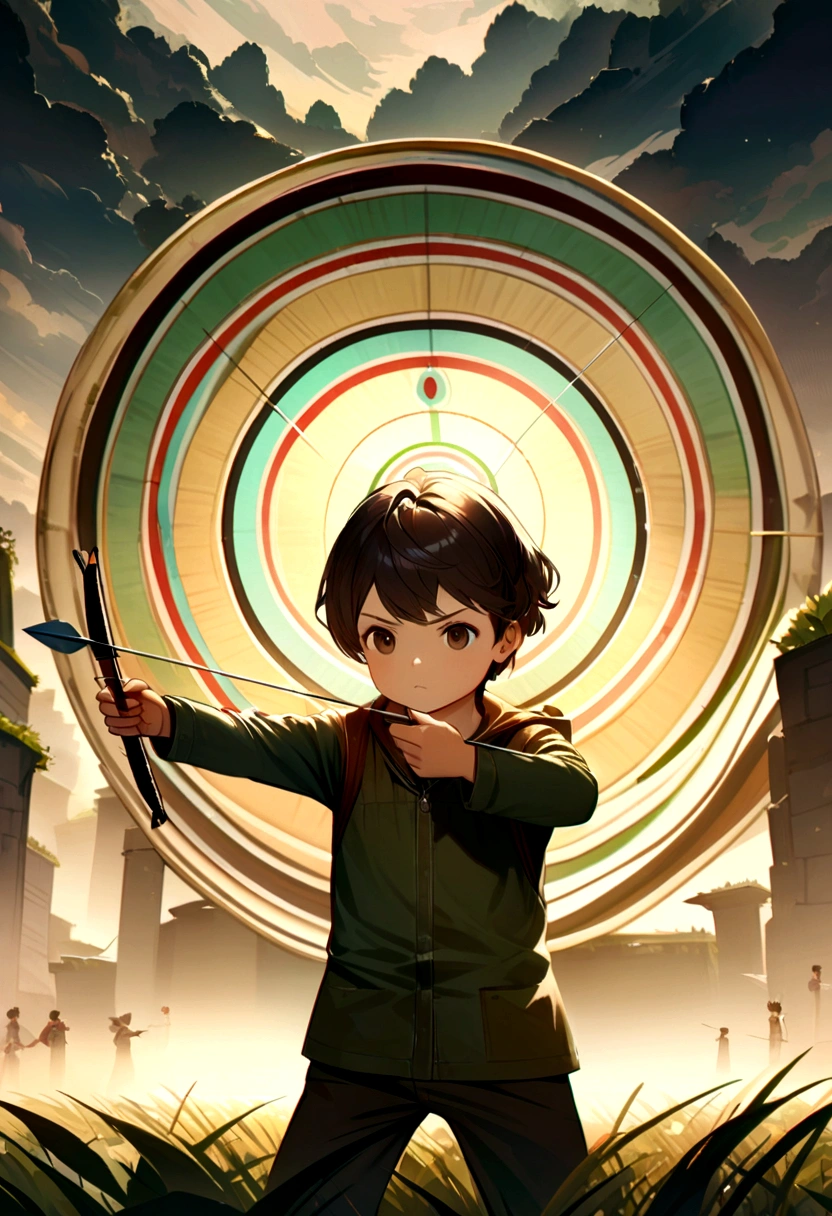 Little boy with brownish black hair traning archery in the middle of field (Pointing a bow and arrow to a target). 4K Resolution, Ultra Detailed Pose.