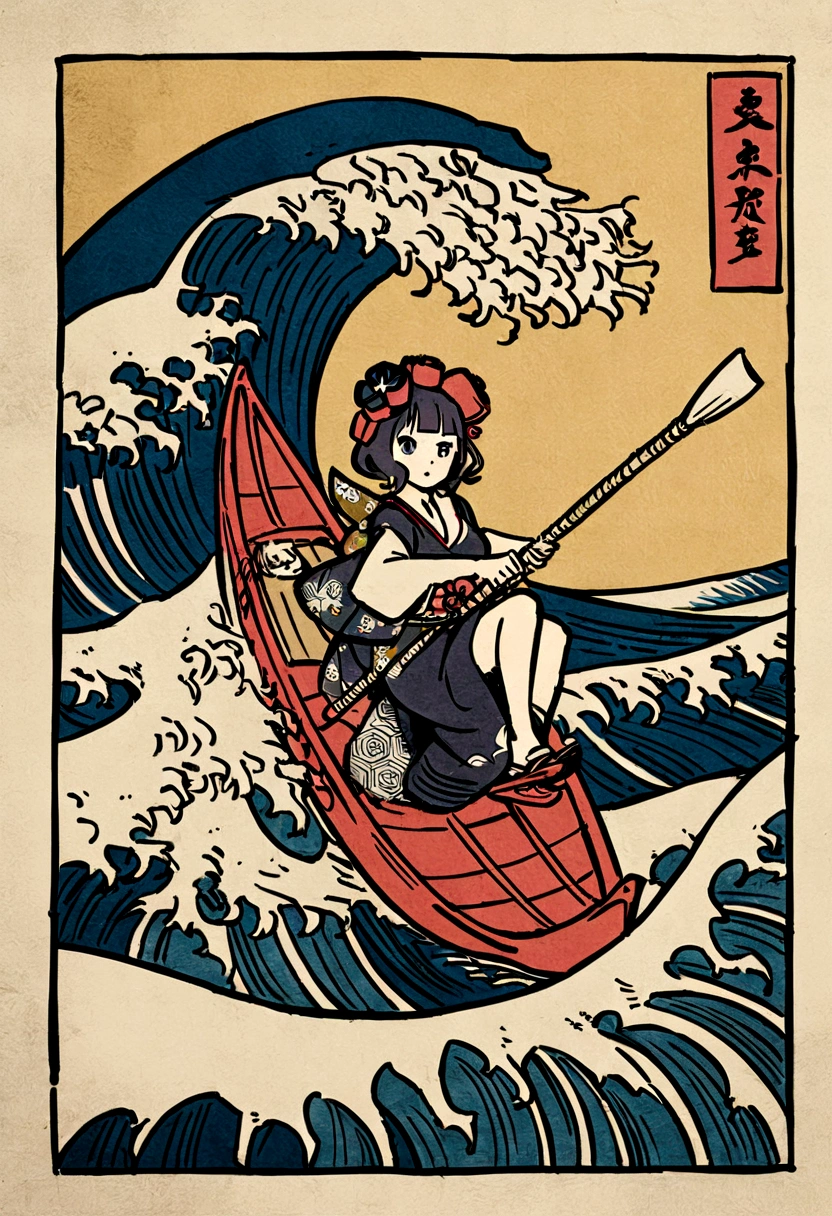 The rough texture of Japanese paper, Hokusai style, ukiyo-e, surfing, flight, fun and solemnity Ukiyo-e style、Katsushika Hokusai、A girl is rowing a boat、high quality、high resolution