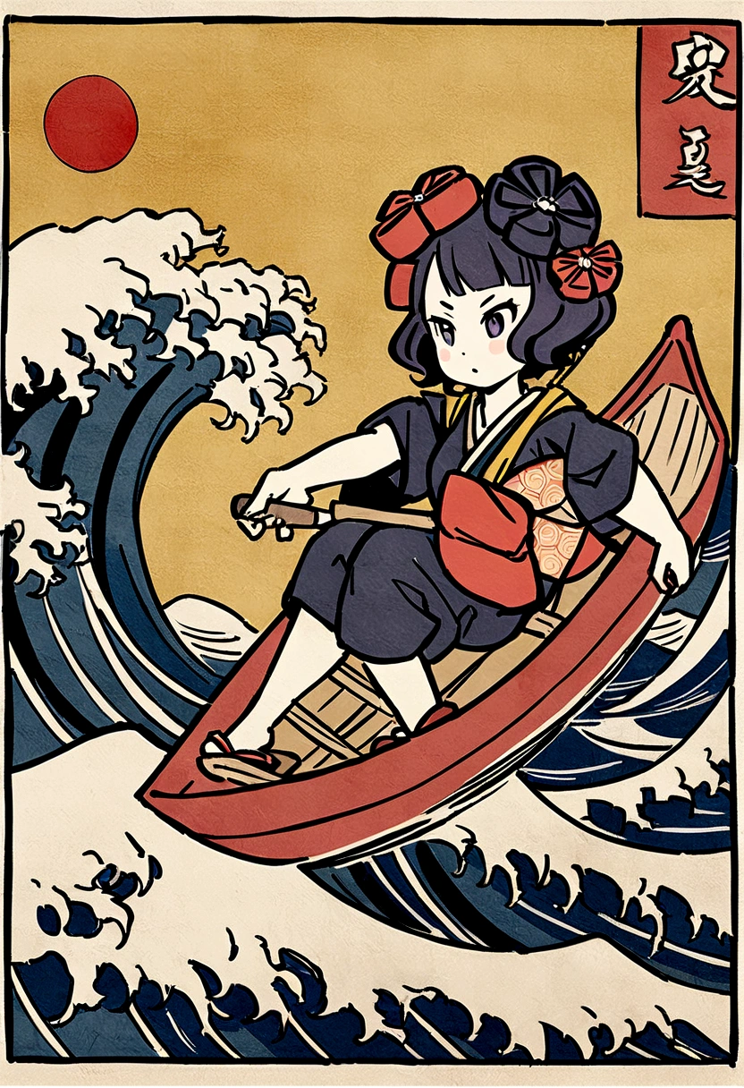 The rough texture of Japanese paper, Hokusai style, ukiyo-e, surfing, flight, fun and solemnity　Ukiyo-e style、Katsushika Hokusai、A girl is rowing a boat、high quality、high resolution