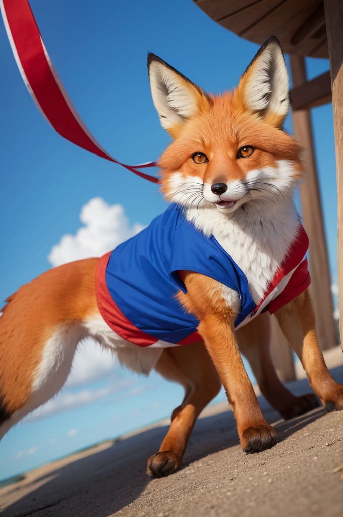 Cartoon of a fox in a red white and blue outfit 