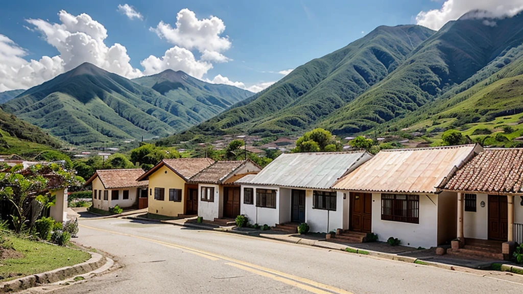 Front view of Colombian mountains landscape with three small white colonial houses with tiled roofs overhead