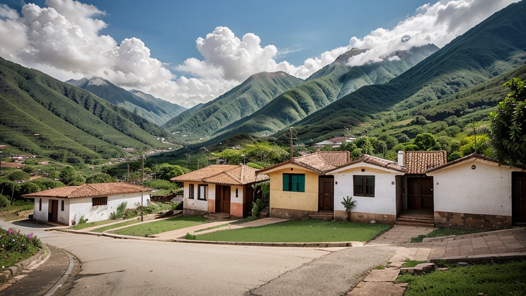 Front view of Colombian mountains landscape with three small white colonial houses with tiled roofs overhead