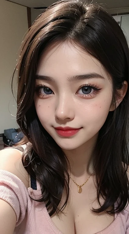1 girl, 19 years old, south korean, 4k, masterpiece, frekles under eyes, long whavy brown hair, bright blue eyes, red lips, red eyeliners, massively large breast, off shoulder pink top, discovered breast, tattoo in the neck, gold necklase, tilted head, happy, big smile, perfect teeth, lots of frekles under eyes, selfie, close shot, detailed face, face focus, facing camera.