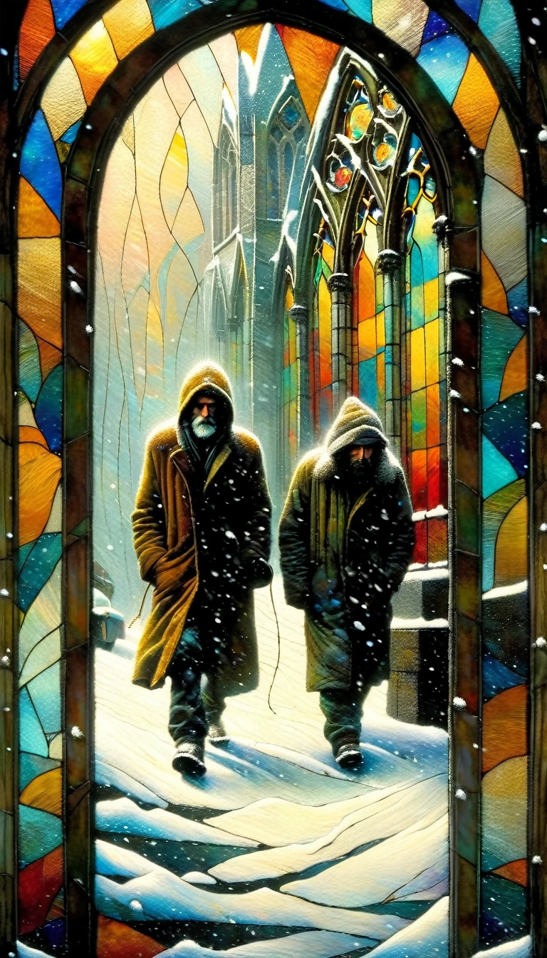 two homeless men walk down the street through the snow next to a stained glass window, snowing(Dave Mckean inspired art, intricate details, oil painting)(Dave Mckean inspired art, intricate details, oil painting)