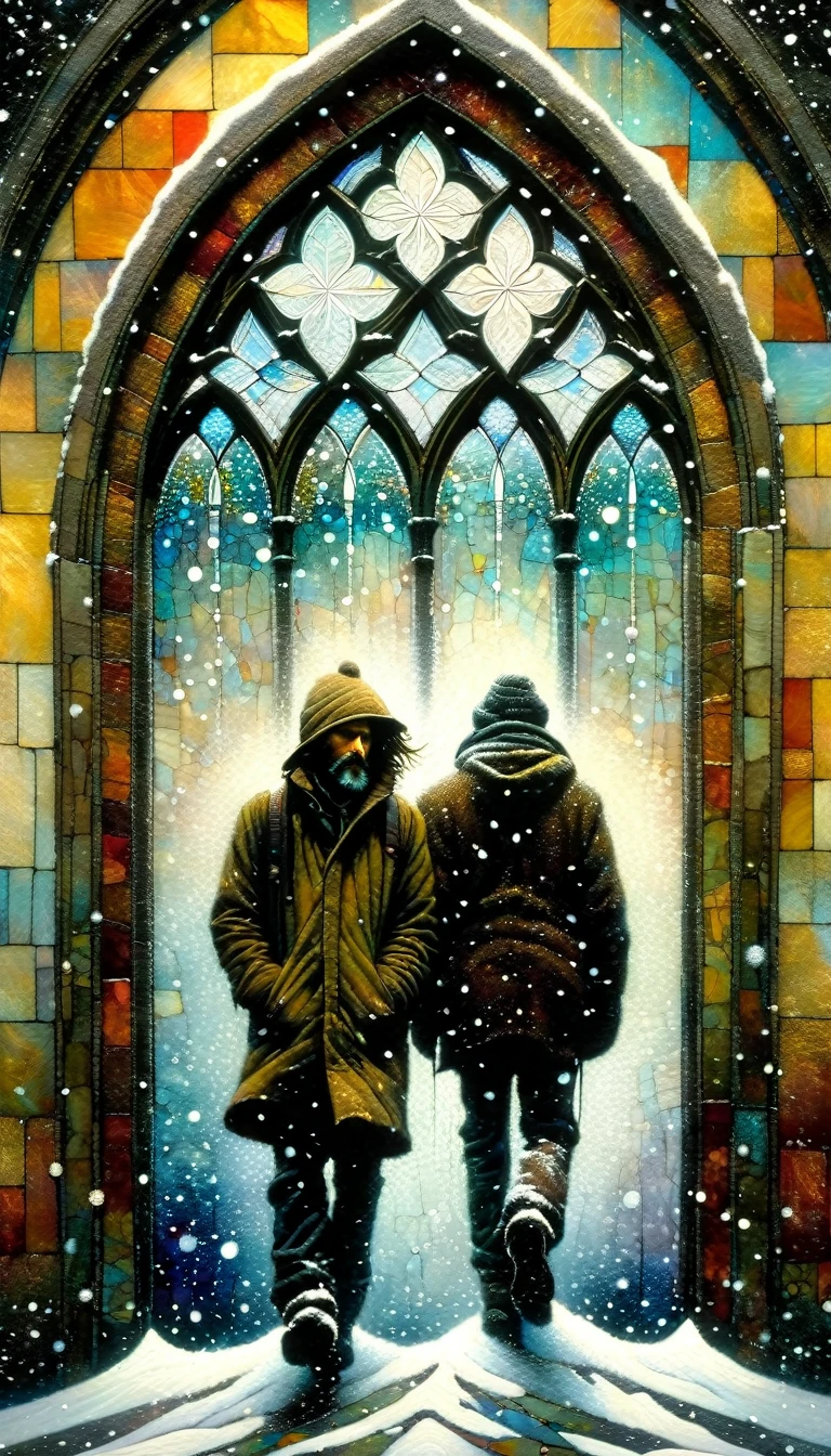 two homeless men walk down the street through the snow next to a stained glass window, snowing(Dave Mckean inspired art, intricate details, oil painting)(Dave Mckean inspired art, intricate details, oil painting)