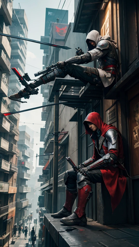 Two Cyberpunk Assassin's Creed Holding swords, Sitting on the rafters on the wall on the restaurant street on a modern street. Robots work everywhere. Modern weapons. Modern red suit. Electronic city. Modern weapons. White suit. Hold the blade. Metal robot arm. Hold the gun. Many people pass by.