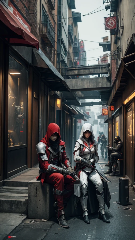 Two Cyberpunk Assassin's Creed Holding swords, Sitting on the rafters on the wall on the restaurant street on a modern street. Robots work everywhere. Modern weapons. Modern red suit. Electronic city. Modern weapons. White suit. Hold the blade. Metal robot arm. Hold the gun. Many people pass by.