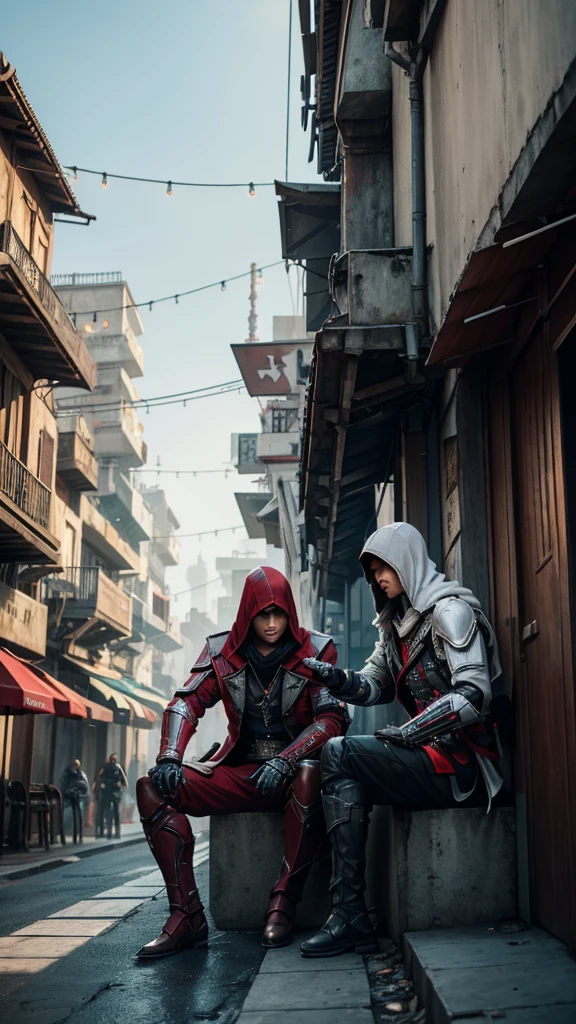 Two Cyberpunk Assassin's Creed Holding swords, Sitting on the rafters on the wall on the restaurant street on a modern street. Robots work everywhere. Modern weapons. Modern red suit. Electronic city. Modern weapons. White suit. Hold the blade. Metal robot arm. Hold the gun. Many people pass by.