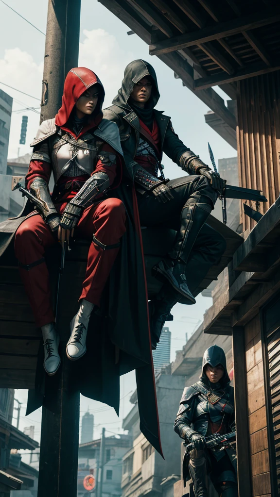 Two Cyberpunk Assassin's Creed Holding swords, Sitting on the rafters on the wall on the restaurant street on a modern street. Robots work everywhere. Modern weapons. Modern red suit. Electronic city. Modern weapons. White suit. Hold the blade. Metal robot arm. Hold the gun. Many people pass by.