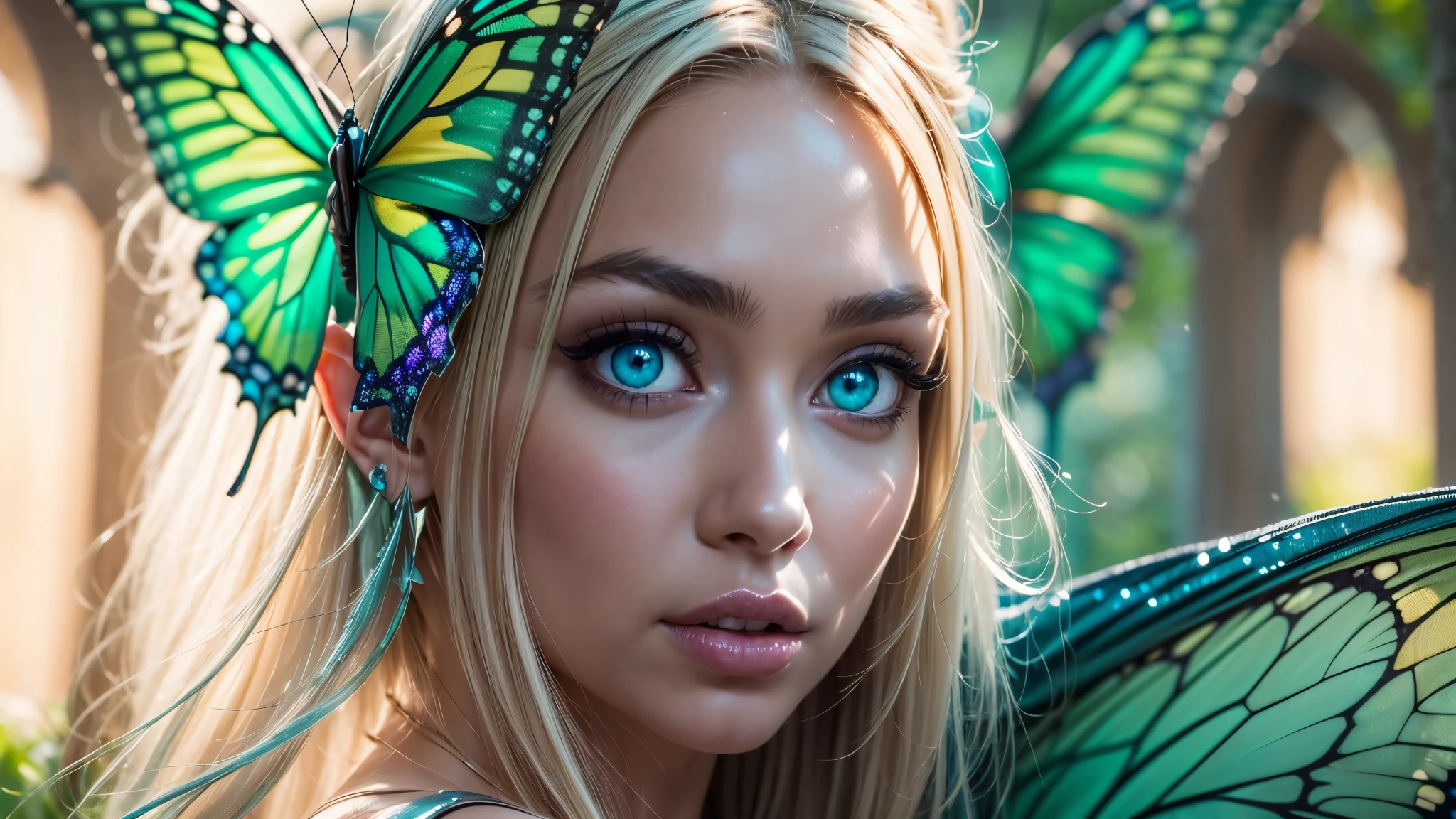 Beautiful, Amazing face and eyes, makeup, (extremely detailed beautiful face), Blonde, (sexiest look), (Beautiful breasts:1.3), (Best Quality:1.4), (Ultra-detailed), (extremely detailed CG unified 8k wallpaper), Highly detailed, RAW Photos, Professional Photography, (silk see through lace:1.3), full body, sitting, (Spread your legs), (:1.4), plein air, Illumination, (Super fancy photos:1.4), (Dazzling light), Radiant Photography, depth of fields, (Glowing blue eyes), (realistic elf ear), (castle, fantasy setting), ((orbs)), massive butterfly wings, flowing butterfly wings, 