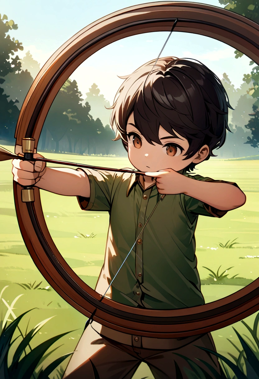 Little boy with brownish black hair traning archery in the middle of field (Pointing a bow and arrow to a target). 4K Resolution, Ultra Detailed Pose.
