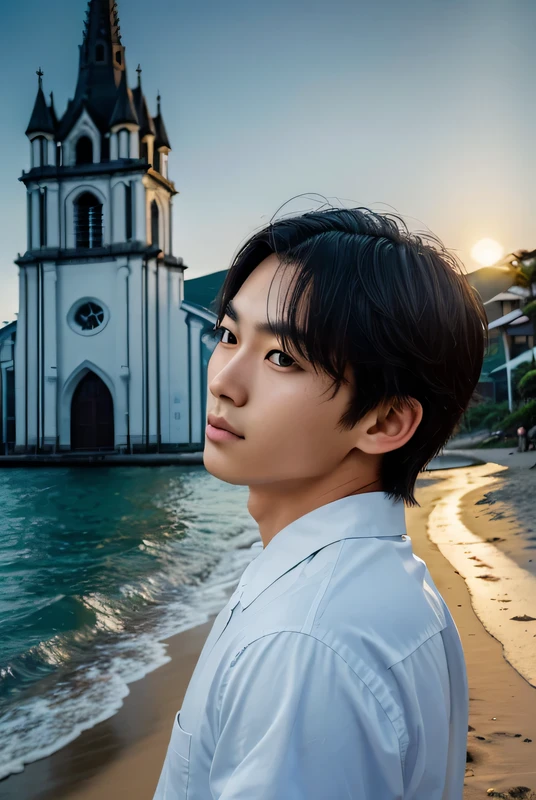 ((Best quality)), ((masterpiece)), (detailed), ((perfect face)), ((face focus)) Amidst a tranquil church, a handsome young korean boy and short hair, resides in a cozy cathedral beside the beach, where he channels his creative energy into capturing the enchanting harmony between church and his inner world beach. As day turns to night, the moonlight envelops his canvas, revealing a breathtaking masterpiece that embodies the essence of his soul's journey and the beauty he discovers within himself."