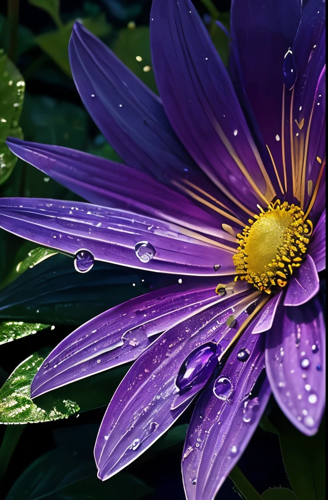 purple flower with water droplets on it in the middle of a garden, a macro photograph by Chris Rallis, flickr, psychedelic art, beautiful flower, magical colorful flowers, glowing purple, beautiful deep colors, beautiful vibrant colors, beautiful!!!!!!!!!, with beautiful colors, magical flowers, stunning colors, purple and blue, beautiful detail and color, gorgeous colors, moody beautiful colors