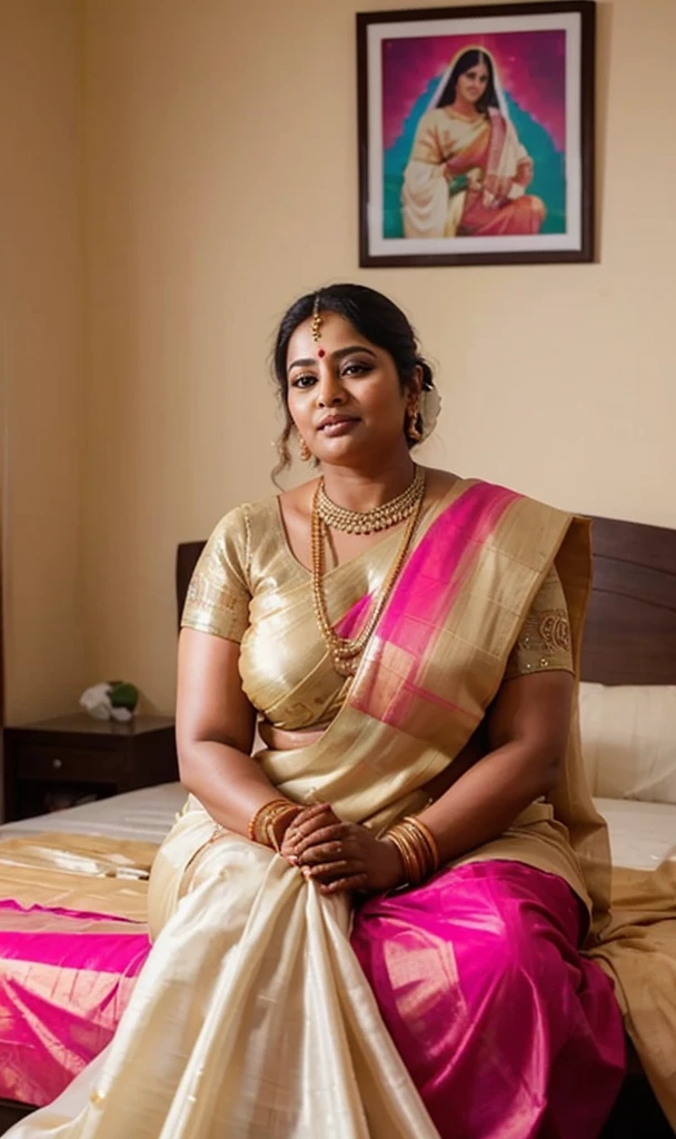 A radiant, full-figured South Indian 45 year old bride ( surrounded by a group of men)wearing a transparent cream colour silky saree standing in a living room, , captured in a full-body image with vibrant hues and meticulous details. Full body image