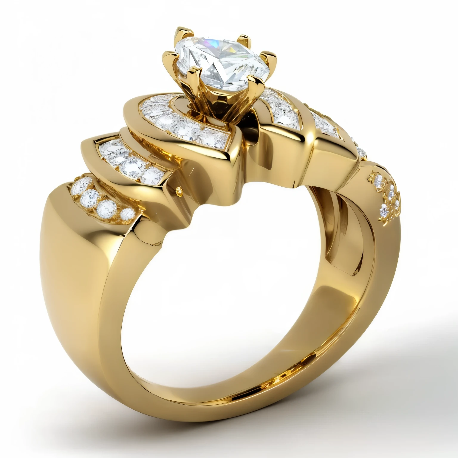 a close up of a gold ring with a diamond center, ultra detailed 16k, gold rings, engagement ring ads, gold plated, ring, inspired by L. A. Ring, gold jewelry, side view, gold jewerly, right angled view, realistic gold, gilded gold and diamonds, rendering, magic ring with a diamond