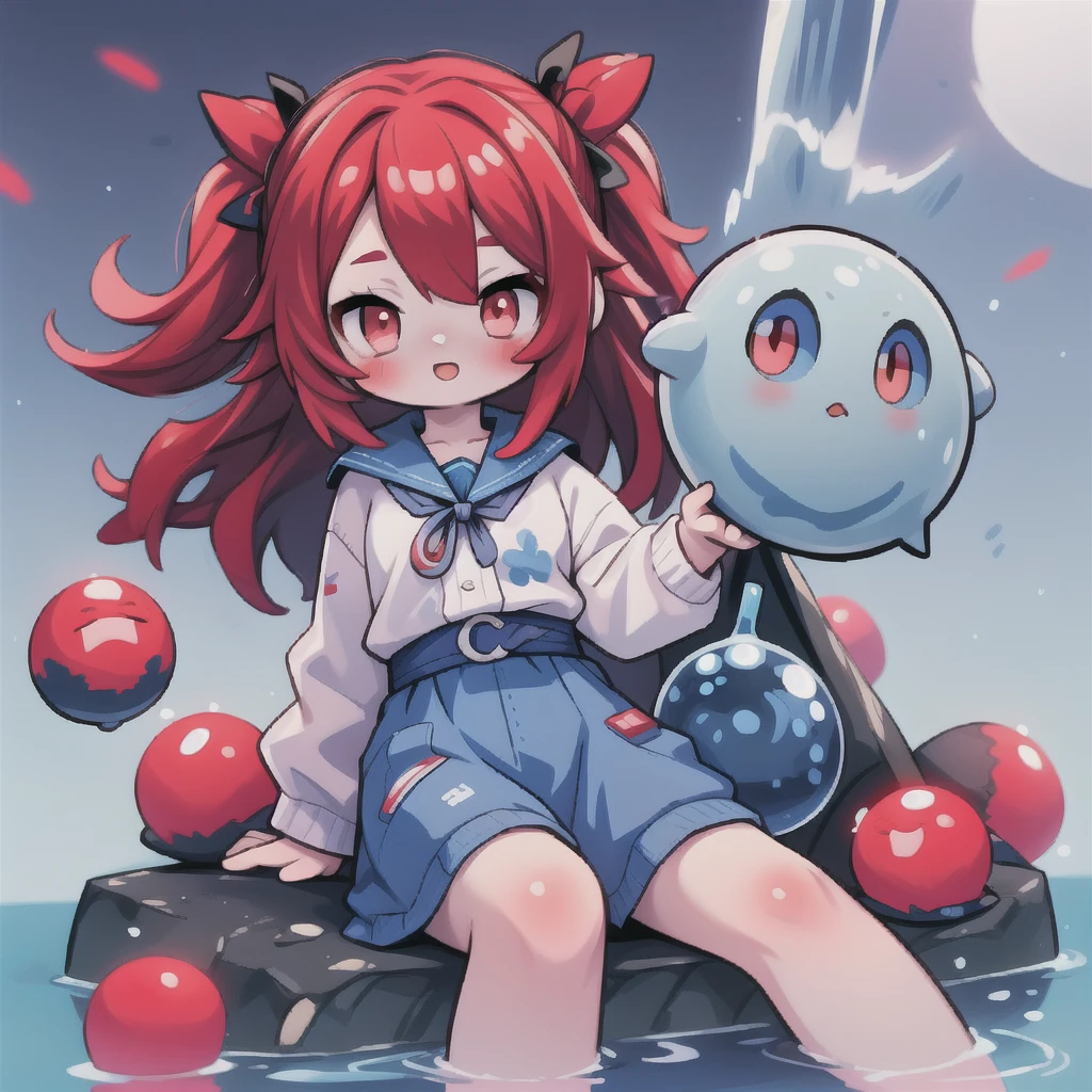 anime style, woman with red eyes, drunk, behind her several blue and red medicine capsules floating, dark image
