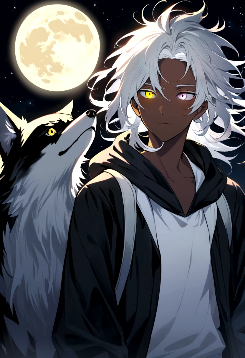 white  shirt, wearing a black hoodie , yellow and black eyes heterochromia , Calm expression, Messy hair , Medium length hair , masculine , multicolored black and white hair , two tone hair , dark skin color, while looking at the moon with a wolf