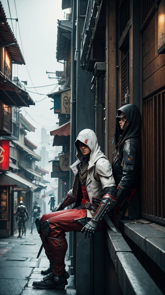 Two Cyberpunk Assassin's Creed Holding swords, Sitting on the rafters on the wall on the restaurant street on a modern street. Robots work everywhere. Modern weapons. Modern red suit. Electronic city. Modern weapons. White suit. Hold the blade. Metal robot arm. Hold the gun. Many people pass by.Cooldown. Cool pose.