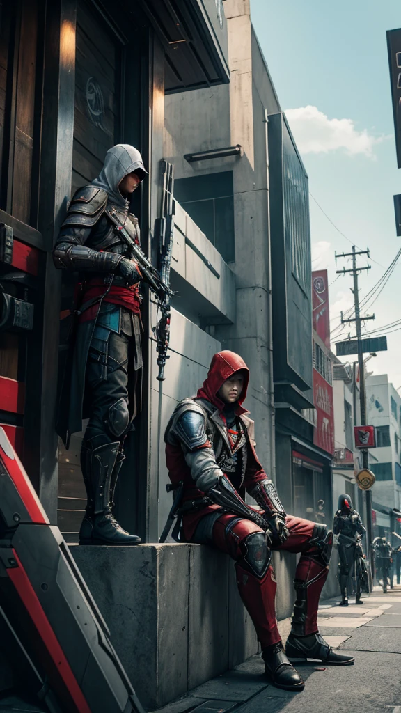 Two Cyberpunk Assassin's Creed Holding swords, Sitting on the rafters on the wall on the restaurant street on a modern street. Robots work everywhere. Modern weapons. Modern red suit. Electronic city. Modern weapons. White suit. Hold the blade. Metal robot arm. Hold the gun. Many people pass by.Cooldown. Cool pose.