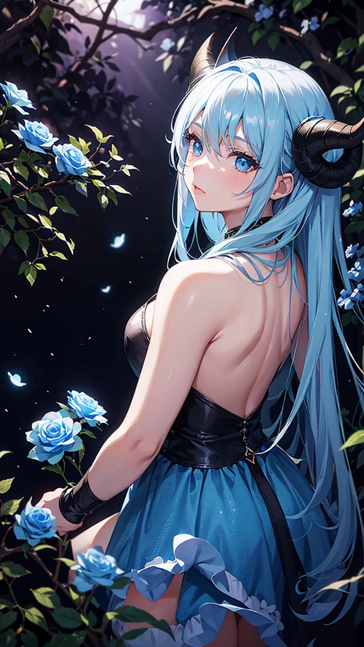 A 21 year old woman, blue eyes, light blue hair, she has horns, is in the middle of blue roses, in the middle of the darkness of the night, fireflies are shining