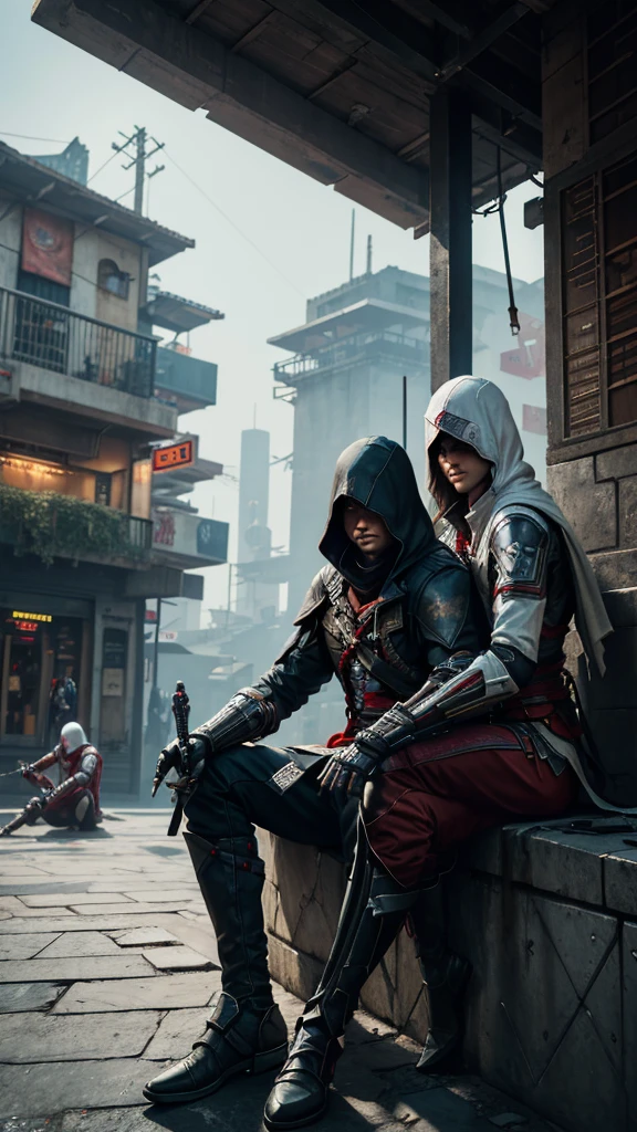 Two Cyberpunk Assassin's Creed Holding swords, Sitting on the rafters on the wall on the restaurant street on a modern street. Robots work everywhere. Modern weapons. Modern red suit. Electronic city. Modern weapons. White suit. Hold the blade. Metal robot arm. Hold the gun. Many people pass by.