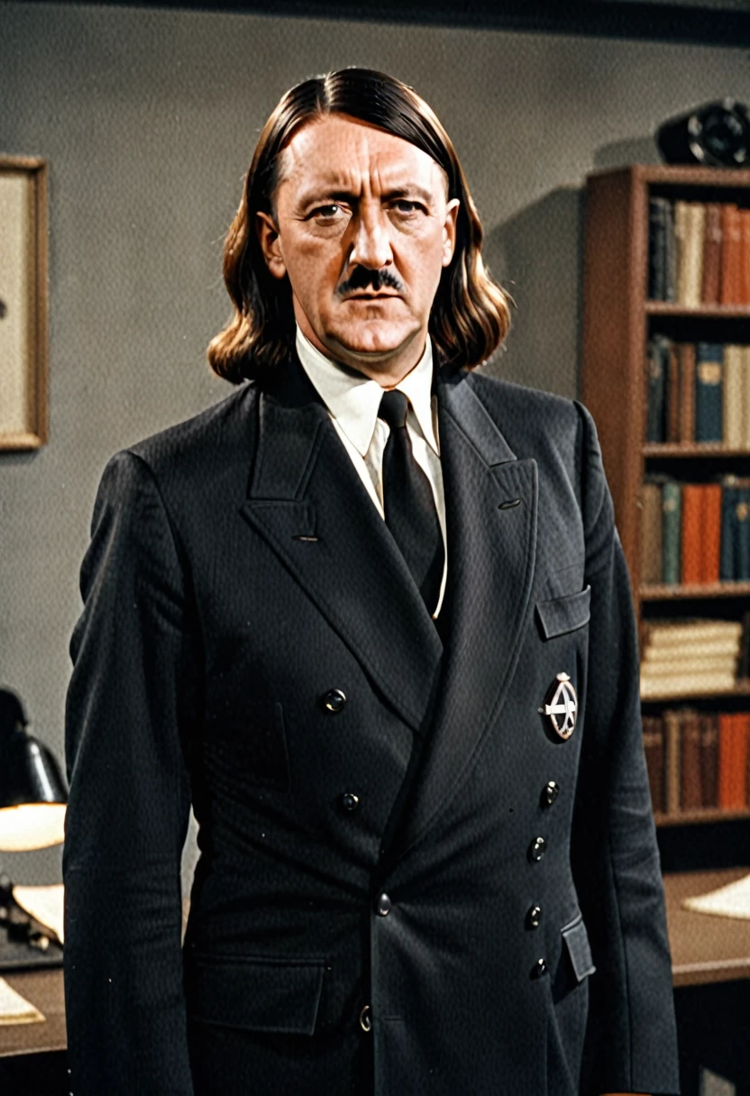 Very long hair jesus-like adolf hitler black suit, 1940s german office background, 80s sitcom style.