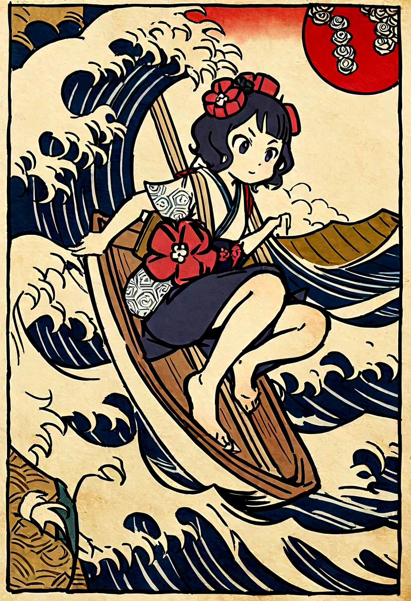 The rough texture of Japanese paper, Hokusai style, ukiyo-e, surfing, flight, fun and solemnity　Ukiyo-e style、Katsushika Hokusai、A girl is rowing a boat、high quality、high resolution