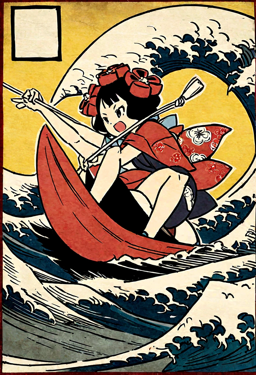The rough texture of Japanese paper, Hokusai style, ukiyo-e, surfing, flight, fun and solemnity Ukiyo-e style、Katsushika Hokusai、A girl is rowing a boat、high quality、high resolution