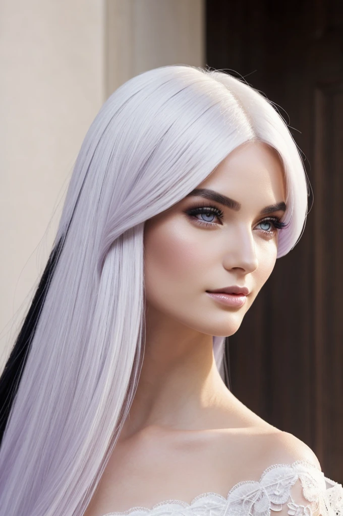 An elegant and beautiful woman, with purple eyes and very white skin. With black hair and white locks