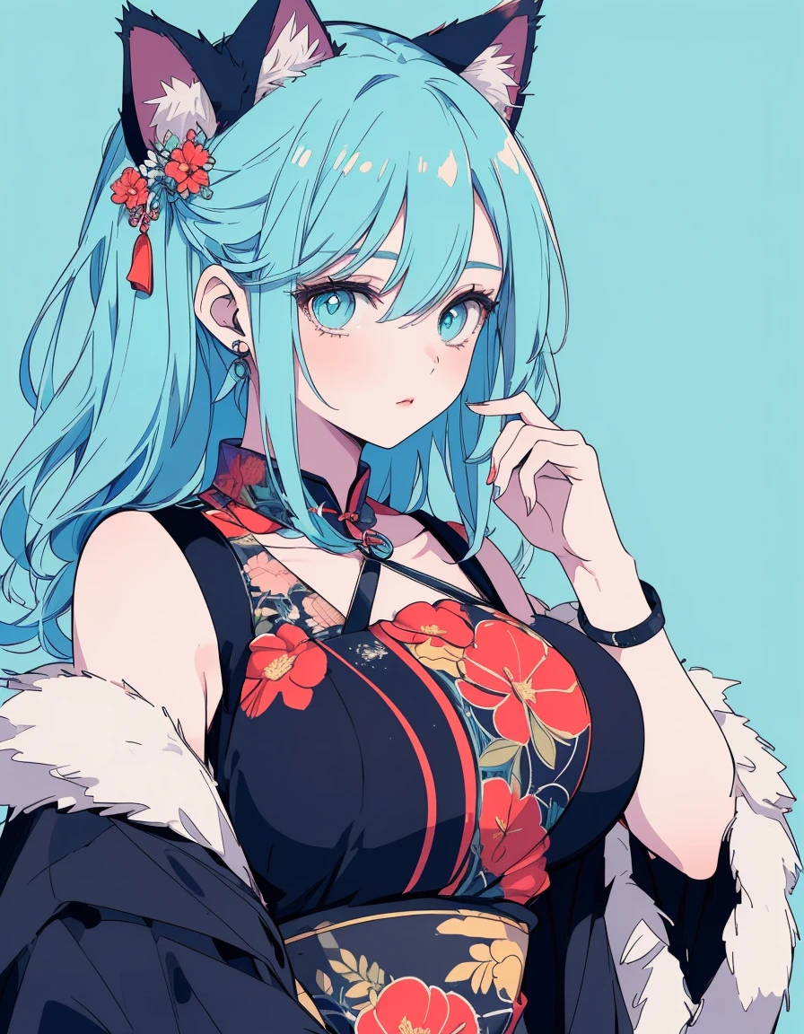 chinese clothes, Chinese background, ((masterpiece, best quality:1.5)), ((Beautiful detailed cat aqua eyes:1.2)), cat ears, pale skin, large breasts, beautiful hands, beautiful fingers, EasyNegative