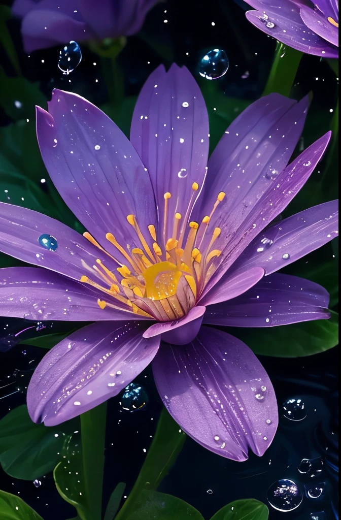 purple flower with water droplets on it in the middle of a garden, beautiful flower, magical colorful flowers, glowing purple, beautiful deep colors, beautiful vibrant colors, beautiful!!!!!!!!!, with beautiful colors, magical flowers, stunning colors, purple and blue, beautiful detail and color, gorgeous colors, moody beautiful colors, purple magic, blue and purple, beautiful colors