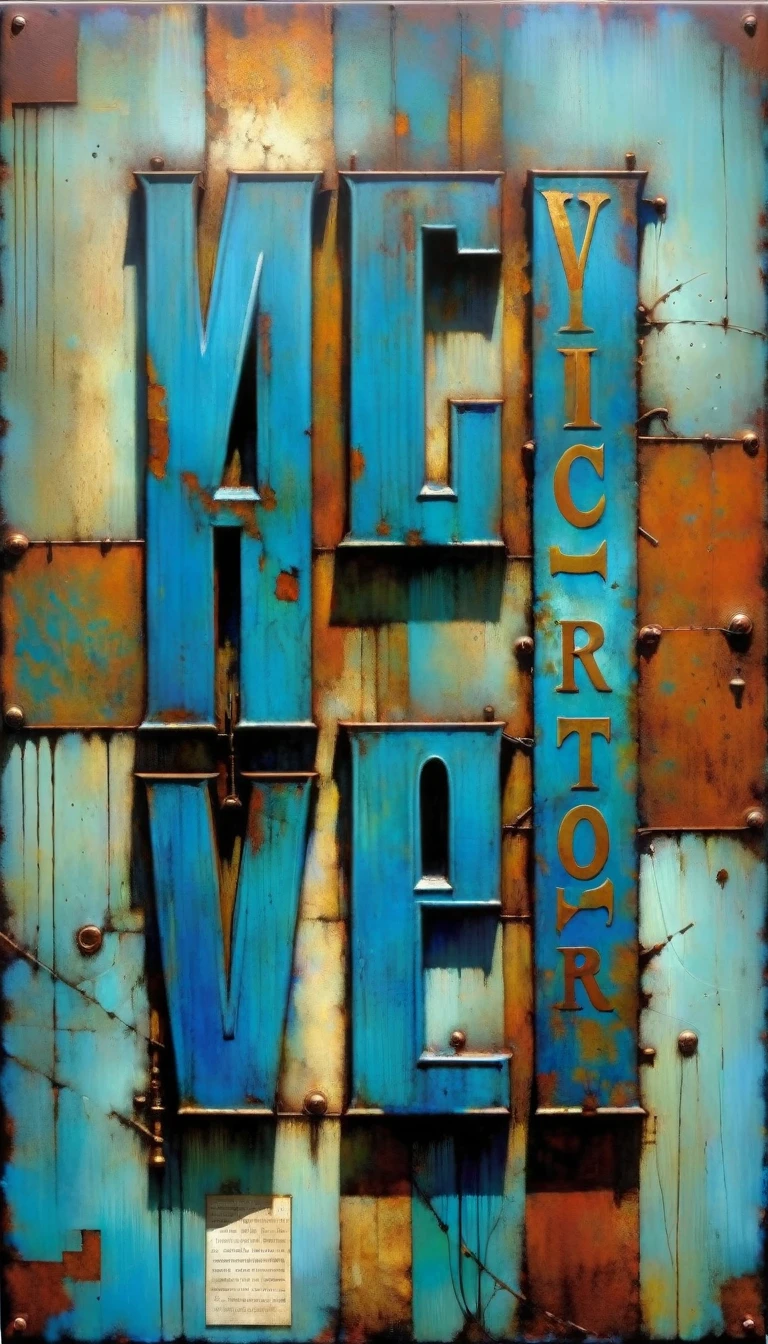 rusty blue sign with text: "VICTOR", metallic blue letters, (Dave Mckean inspired art, intricate details, oil painting)