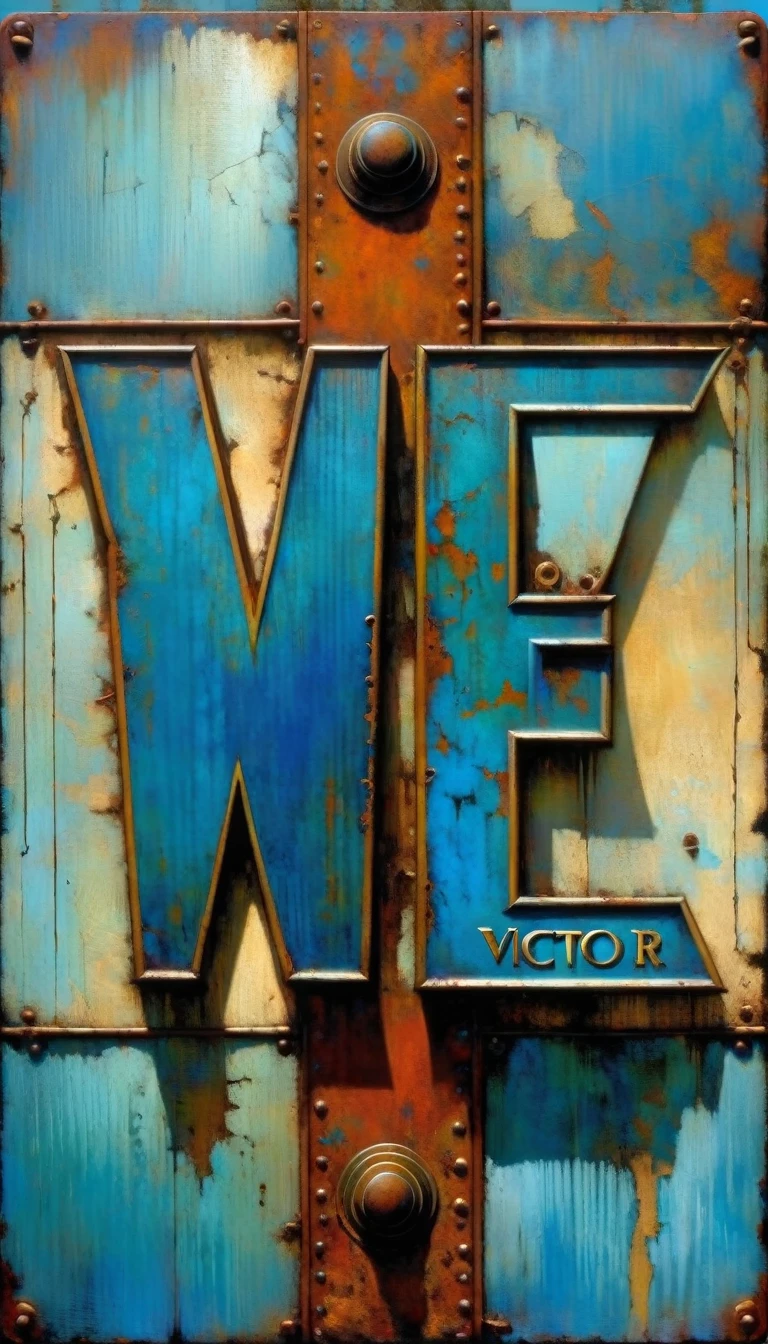 rusty blue sign with text: "VICTOR", metallic blue letters, (Dave Mckean inspired art, intricate details, oil painting)
