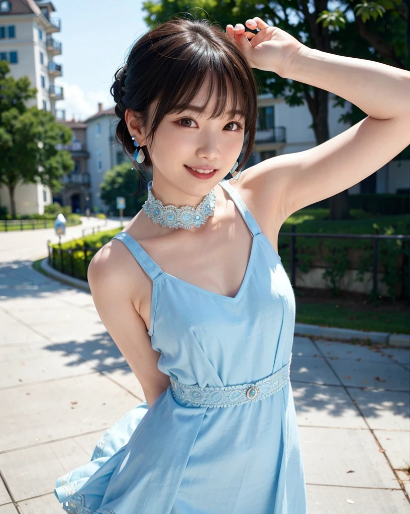 a woman posing on the street corner with light blue dress on, best quality, 1girl, large breasts, day, bright, blur background, bokeh, outdoor, (street:0.8), (people, crowds:1), (lace-trimmed dress:1.5, sleeveless dress, light blue clothes, light blue high-neck dress:1.2, blue dress: 1.5), gorgeous, (short hair, forehead:1.2), beautiful detailed sky, earrings, (dynamic pose:1.2), (upper body:0.8), soft lighting, wind, shiny skin, smile,