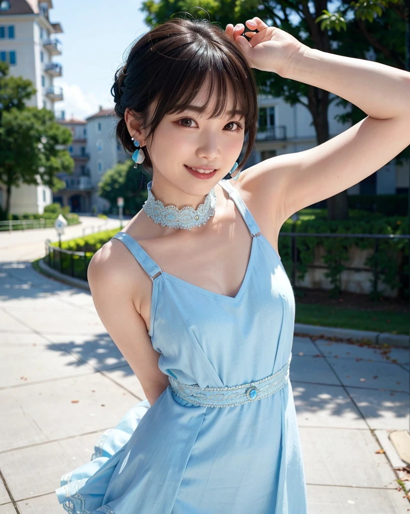 a woman posing on the street corner with light blue dress on, best quality, 1girl, large breasts, day, bright, blur background, bokeh, outdoor, (street:0.8), (people, crowds:1), (lace-trimmed dress:1.5, sleeveless dress, light blue clothes, light blue high-neck dress:1.2, blue dress: 1.5), gorgeous, (short hair, forehead:1.2), beautiful detailed sky, earrings, (dynamic pose:1.2), (upper body:0.8), soft lighting, wind, shiny skin, smile, 