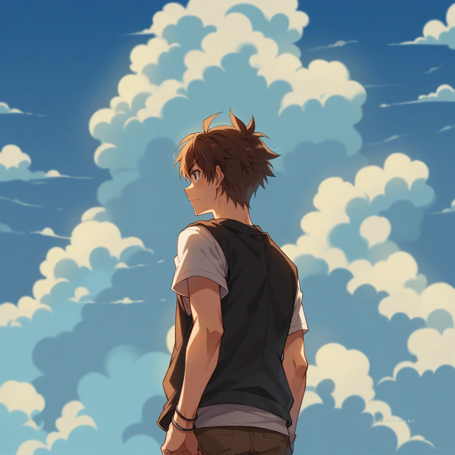 A boy in an anime style, looking at the sky with clouds in the background, digital art in the style of Makoto Shinkai, Makoto Shinkai art style, Makoto Shinkai!, Makoto Shinkai style, Makoto Shinkai!!, in the style of Makoto Shinkai, ((Makoto Shinkai)), Makoto Shinkai style, Makoto Shinkai by Cyril Rolando, melancholic atmosphere in the sky