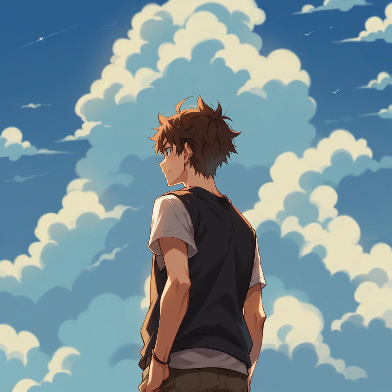 A boy in an anime style, looking at the sky with clouds in the background, digital art in the style of Makoto Shinkai, Makoto Shinkai art style, Makoto Shinkai!, Makoto Shinkai style, Makoto Shinkai!!, in the style of Makoto Shinkai, ((Makoto Shinkai)), Makoto Shinkai style, Makoto Shinkai by Cyril Rolando, melancholic atmosphere in the sky