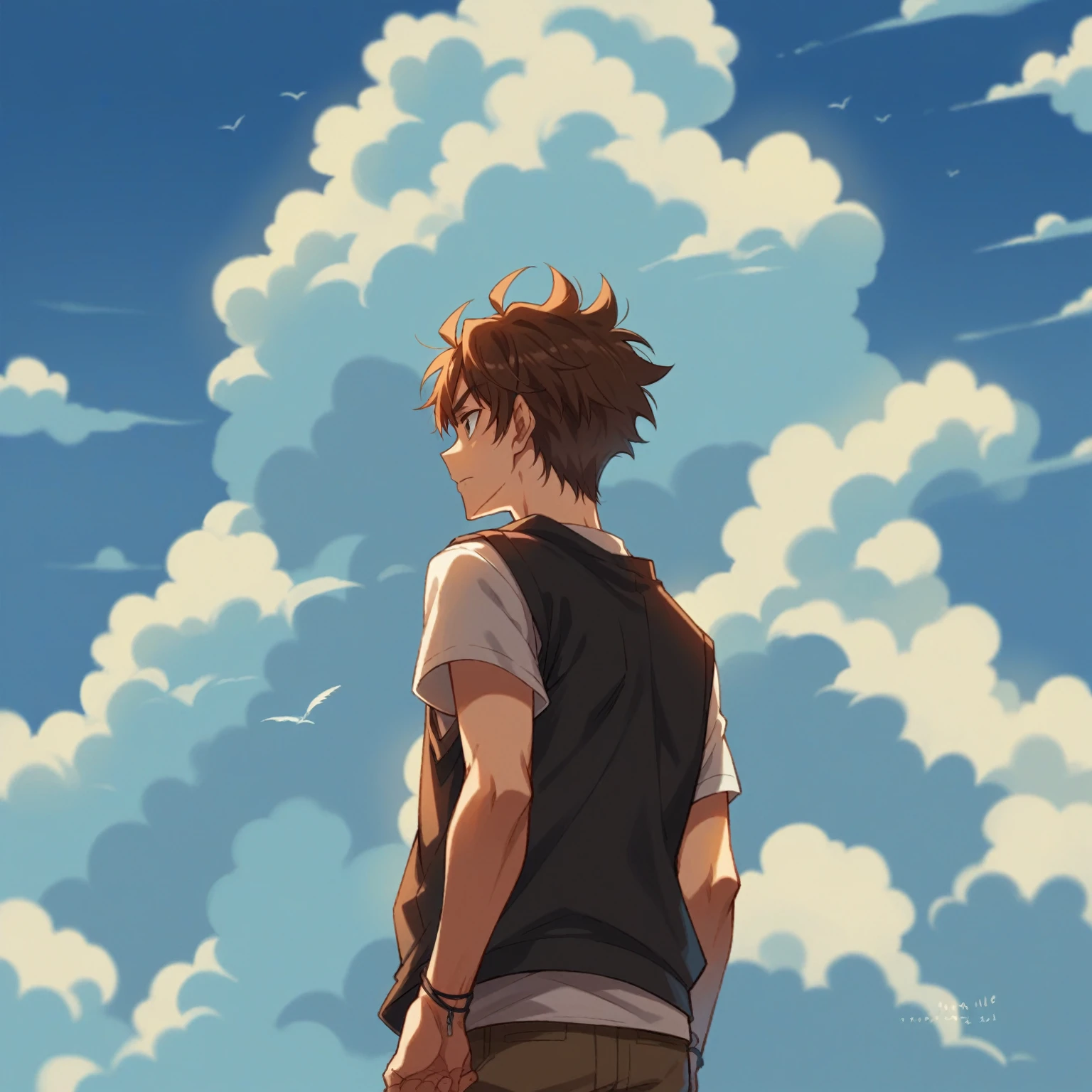 A boy in an anime style, looking at the sky with clouds in the background, digital art in the style of Makoto Shinkai, Makoto Shinkai art style, Makoto Shinkai!, Makoto Shinkai style, Makoto Shinkai!!, in the style of Makoto Shinkai, ((Makoto Shinkai)), Makoto Shinkai style, Makoto Shinkai by Cyril Rolando, melancholic atmosphere in the sky