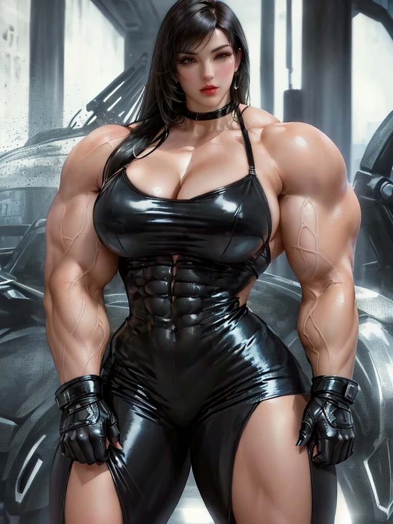 a close up of a woman in a black latex outfit posing, powerful and huge, strong and imposing, Very beauthful. big Muscles, muscular girl, massive Muscles, exaggeratedly large physique, tifa lockhart, huge Muscles, Tifa, big Muscle, extremely detailed woman, hyperrealistic full figure, big Muscles, large Muscles, huge glistening Muscles, Muscle, muscular character
