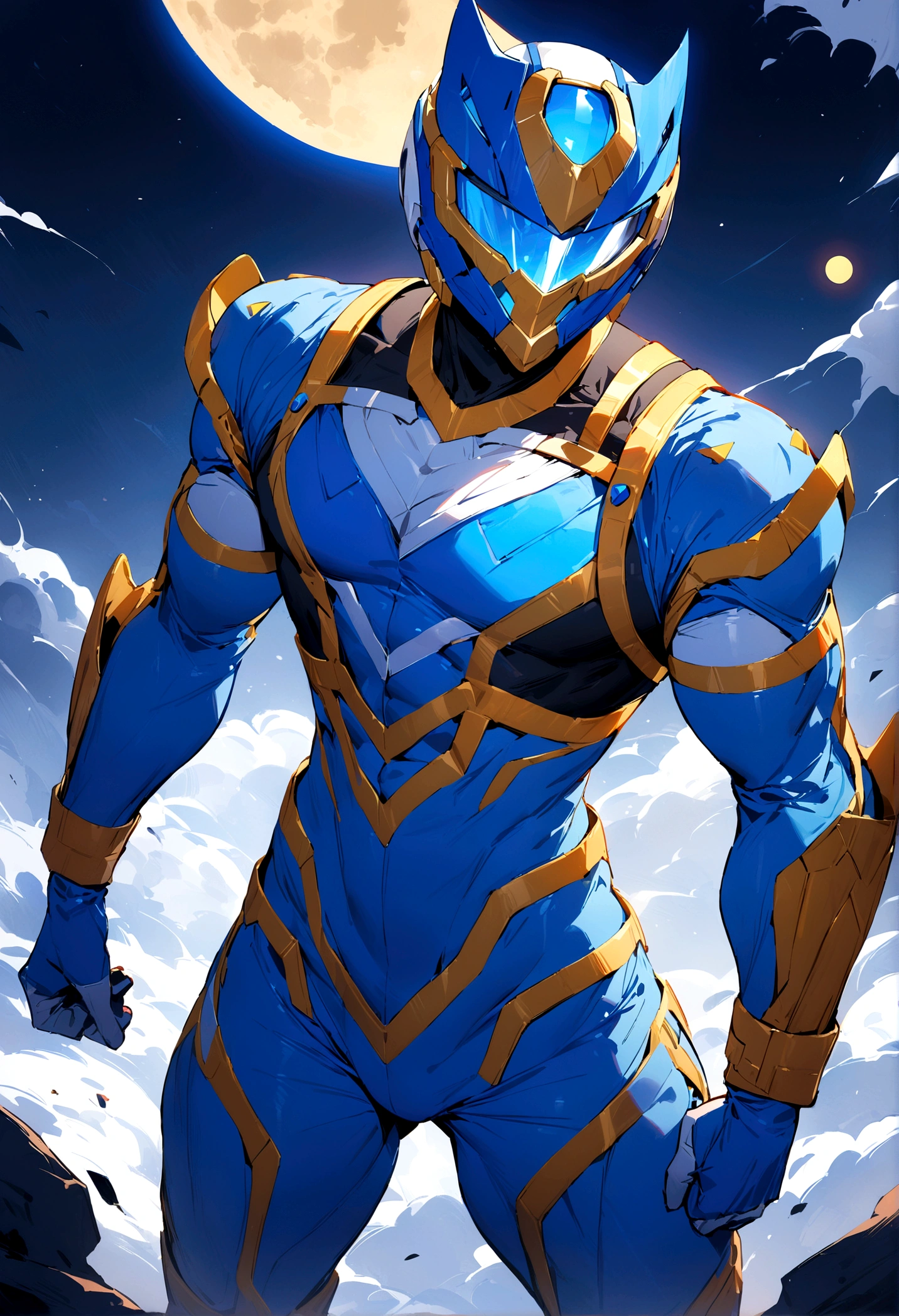 ((best quality)), ((masterpiece)), (detailed), 1man, blue power ranger suit based and designed around the moon, crescent visor, helmet on