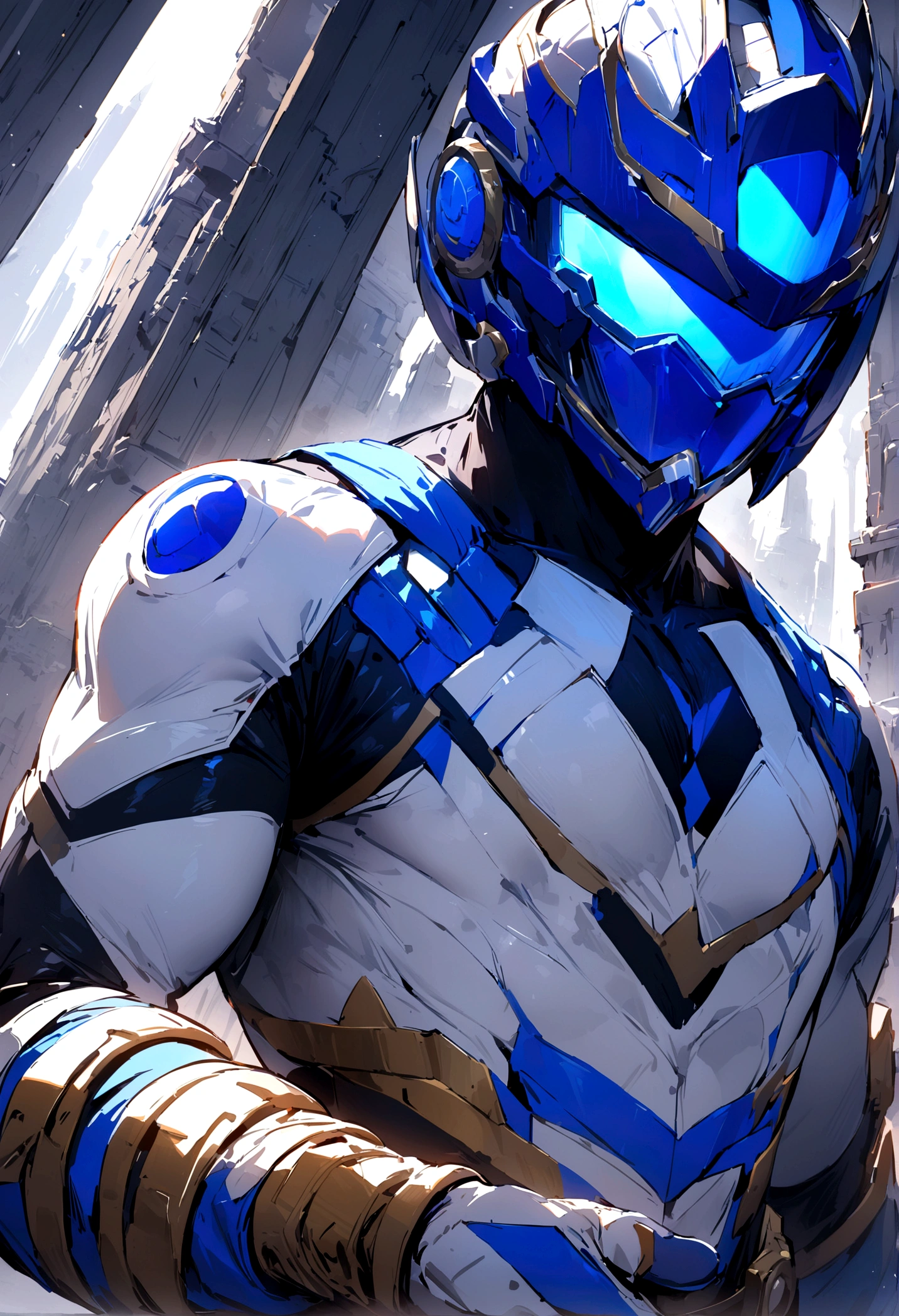 ((best quality)), ((masterpiece)), (detailed), 1man, blue power ranger suit based and designed around the moon, crescent visor, helmet on